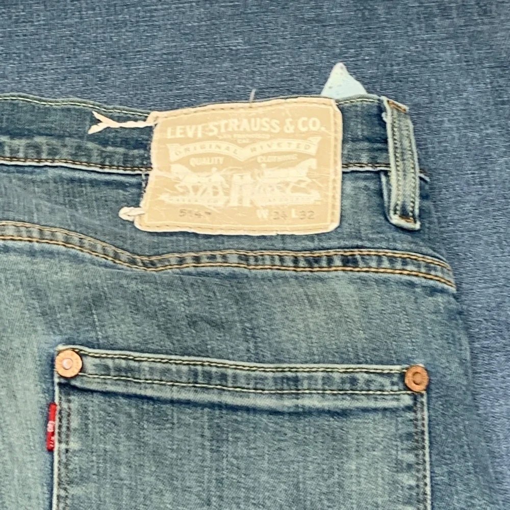 Levi's 514 Jeans Mens 34x32 Blue Whiskering Denim Cotton Stretch Distressed